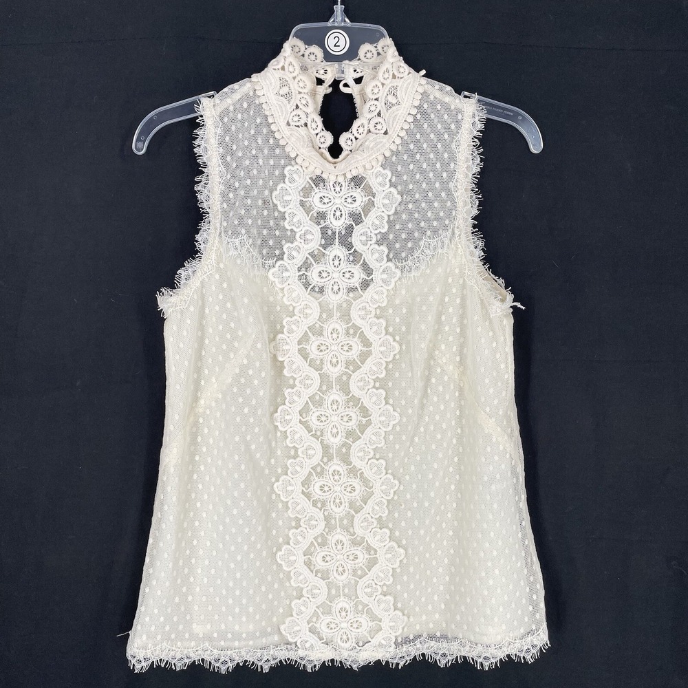 Nanette Lepore Beige Lace Mock Neck Tank Top Blouse Size 2 Elegant Swiss Dot